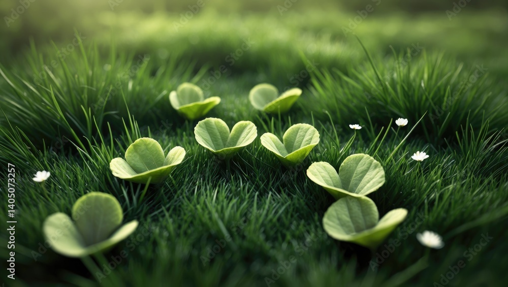 Poster a patch of clover or an analogous round-leafed plant flourishing in a grassy space.