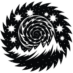 Abstract Black & White Spiral Galaxy Art: Mountain Landscape with Stars, Whirlpool Effect, Modern Graphic Design Illustration