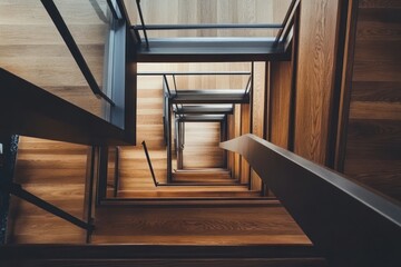 Luxurious Wooden and Steel Staircase: A high-end, modern staircase made of wood and steel, viewed from below, emphasizing luxury and sophisticated design in an upscale home or building