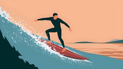 Surfer on the wave at sunset