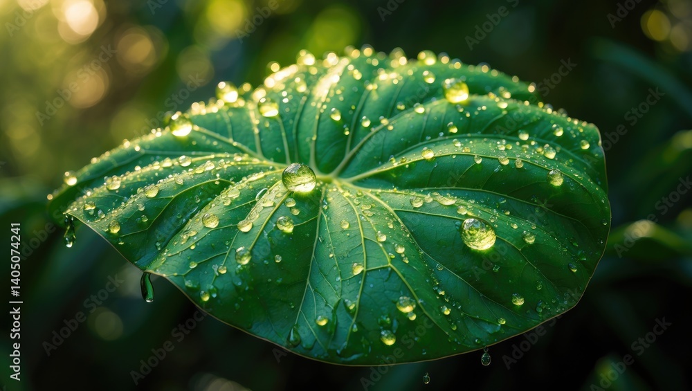Poster a comprehensive close-up of a radiant mango leaf vein highlighted by sparkling water droplets
