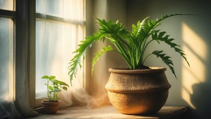 A tiny plant rests on a windowsill beside a window