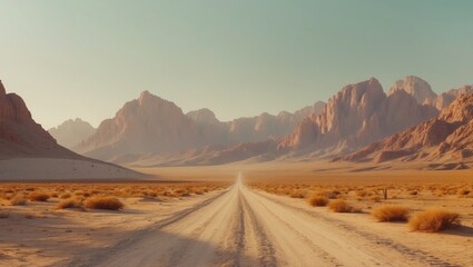 Fototapeta premium A broad landscape view with a dirt path winding through desolate plains towards the massive granite summits.