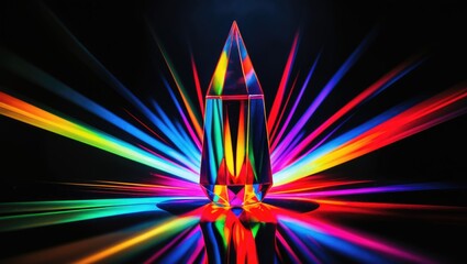 A glass prism separates light into various colors against a black backdrop