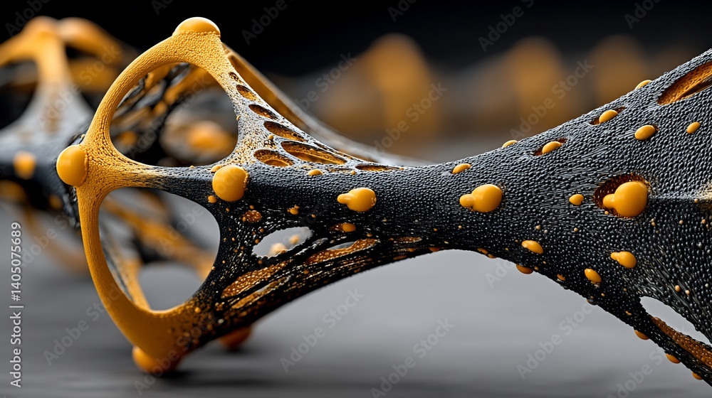 Poster abstract 3d render of a complex, interconnected structure with a dark, textured surface and bright, 