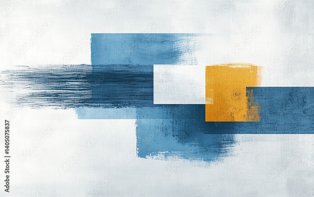 Poster abstract art with blue, white, and gold rectangular shapes and brushstrokes on a textured background