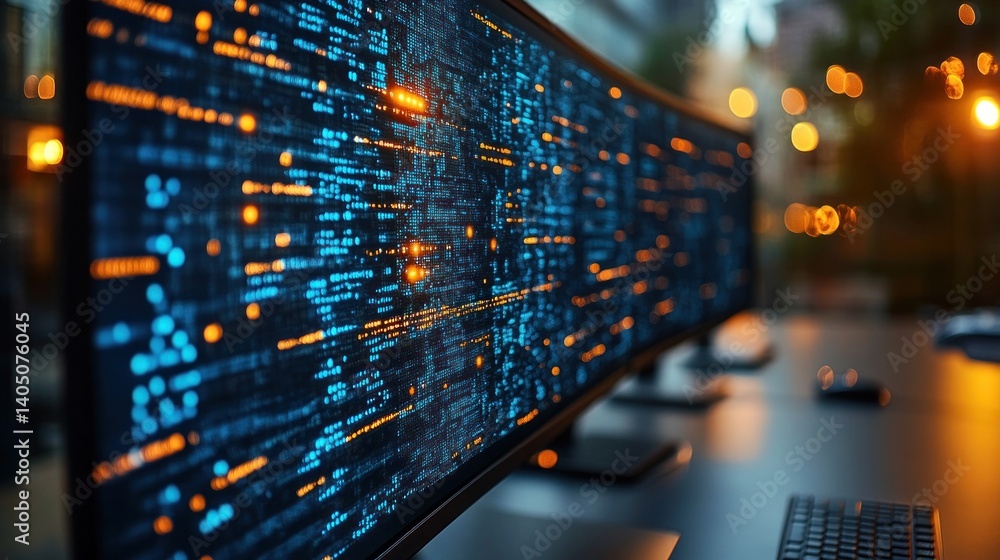Poster curved screen displays programming code at night