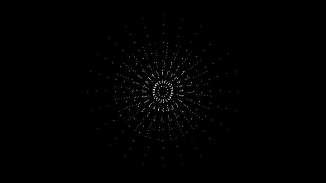 White pixel-dot mandala evolving frame by frame into complex, nested radial layers, each flickering with breathing motion