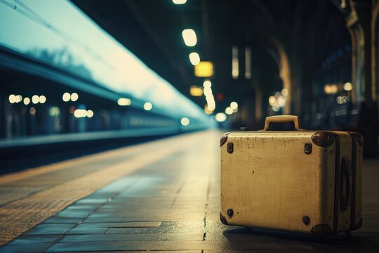 Vintage suitcase abandoned at a train station at night. - Powered by Adobe