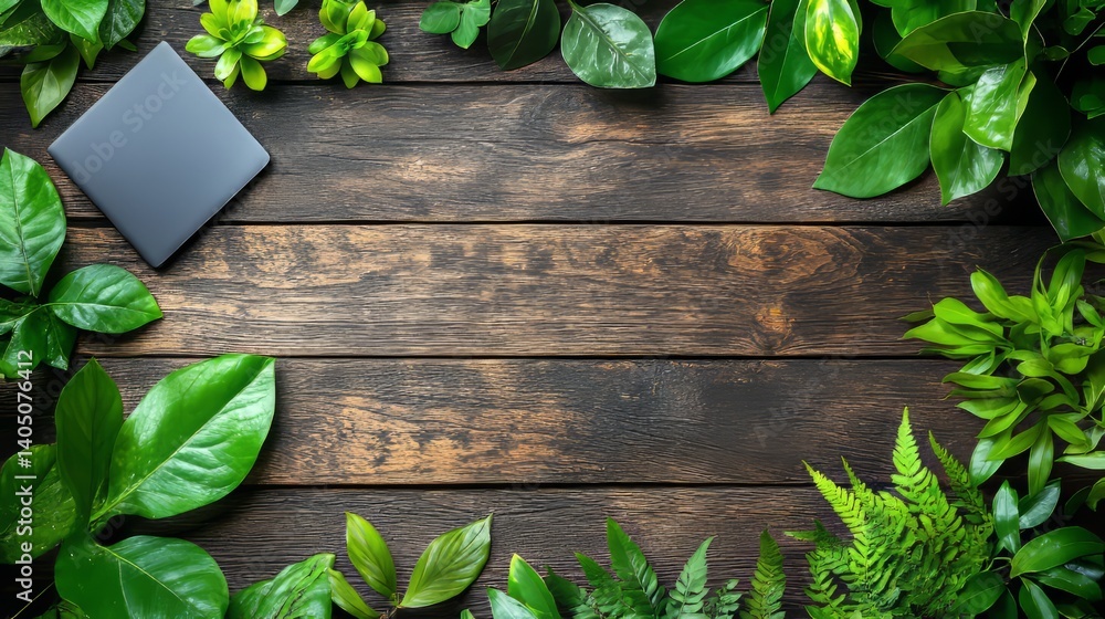 Poster wooden table background with a border of various green leaves and a gray square notebook in the corn