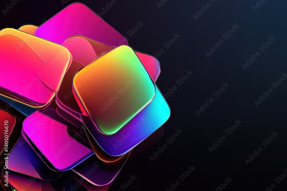 Poster colorful neon gradient sticker shapes create a vibrant contrast against a deep black background with