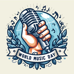 vector hand holding microphone with ribbon that says 