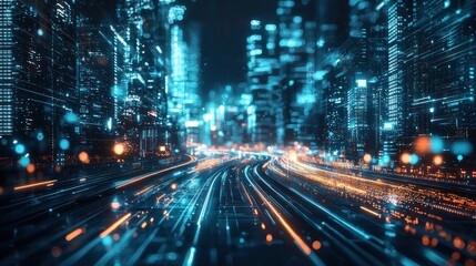 Cyber City: A futuristic metropolis at night, showcasing vibrant city lights and digital data streams flowing through the urban landscape.  A vision of technological advancement and urban evolution.