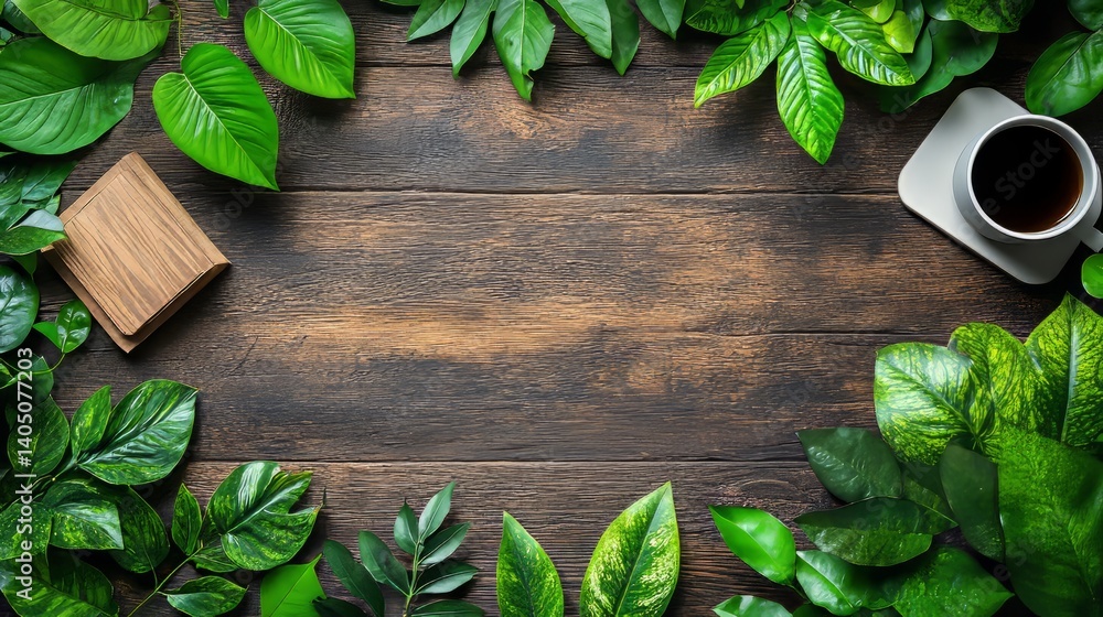 Poster wooden table background with a border of various green leaves and a gray square notebook in the corn