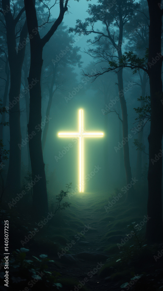 Poster a dark forest path illuminated by a cross shining with light at the end.