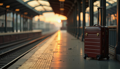 Lone Suitcase on Train Station Platform at Sunset for Travel Blogs, Journey Inspiration, Adventure Websites, and Vacation Planning