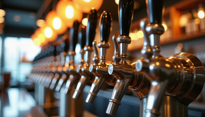 Draft Beer Taps in Modern Industrial Bar Setting for Beverage Blogs, Restaurant Menus, Bar Scene Photography, and Hospitality Design Inspiration
