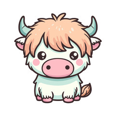 Sweet Kawaii Highland Cow Vector Illustration with Fluffy Fur, Blush Cheeks, and Playful Expression for Kids Merchandise and Cute Farm Animal Decor

