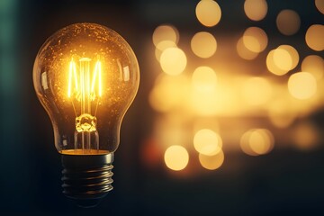 Glowing lightbulb illuminating a dark space with blurred bokeh background.