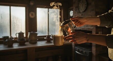 Steaming Coffee Pour in Rustic Kitchen with Morning Light