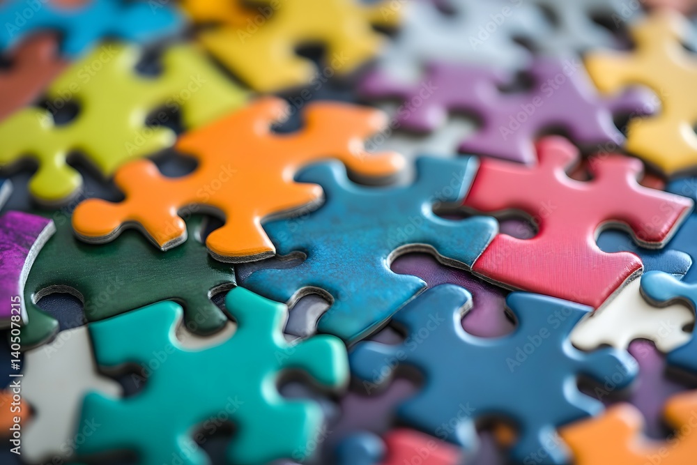 Wall mural colorful jigsaw puzzle pieces scattered and overlapping creating a vibrant abstract pattern.