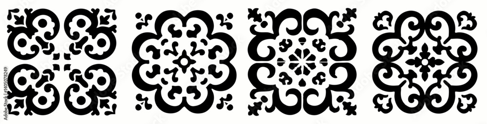 Poster black and white pattern collection:set of four stylish black and white patterns. these intricate des