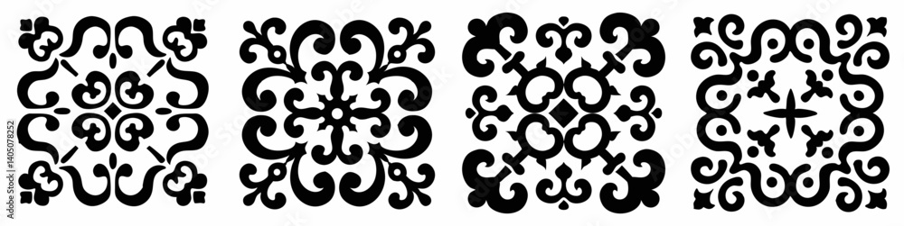 Poster ornamental tile patterns: a set of four distinct black and white ornamental tile patterns, showcasin