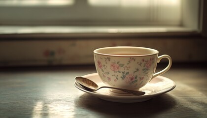 Obraz premium Floral teacup and saucer, bathed in morning light.