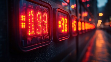 Obraz premium Night Cityscape: Red Digital Displays Glowing in the Darkness