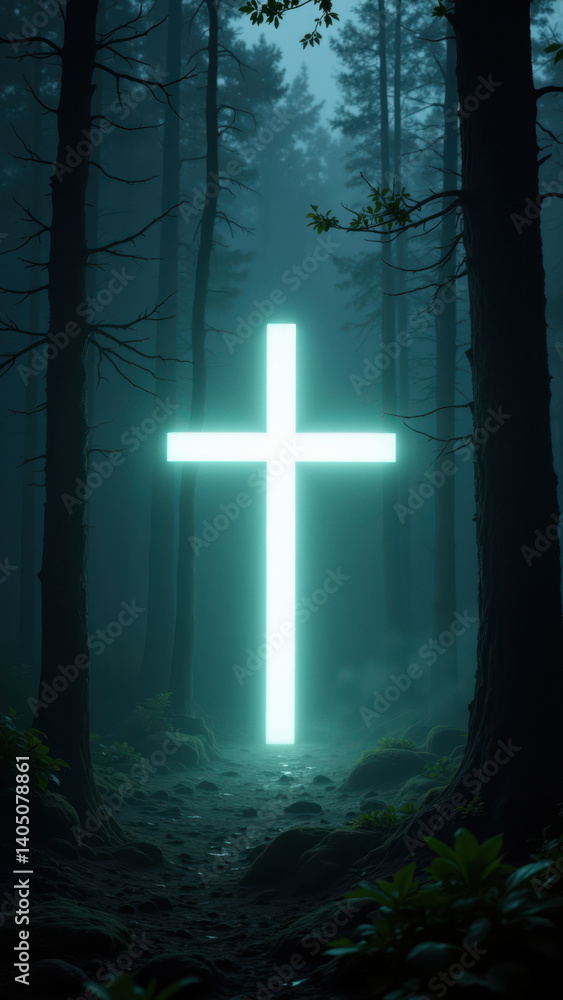Poster a serene forest scene with a bright light forming a cross shape on a path ahead.