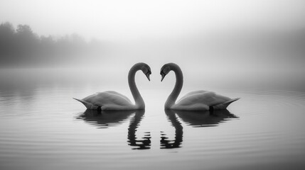 Two swans in a misty lake, forming a heart shape.