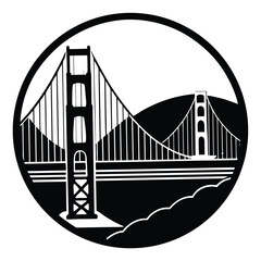 Golden Gate Bridge Black and White Vector Illustration: San Francisco Landmark Icon in Circular Design for Graphic Projects