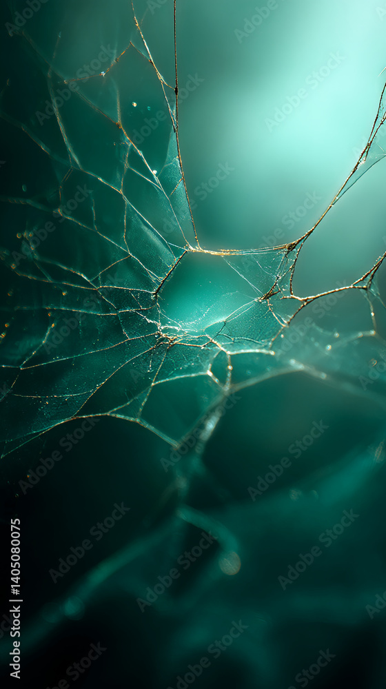 Poster close-up of teal-toned cracked glass texture, showing intricate fracture patterns, symbolizing fragi