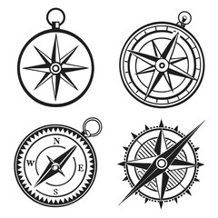 Simple compass icon set in editable black vector format