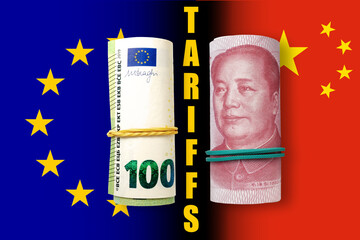 100 euros and 100 yuan on a EU and  China flags background. EU and China trade, duty, customs and...
