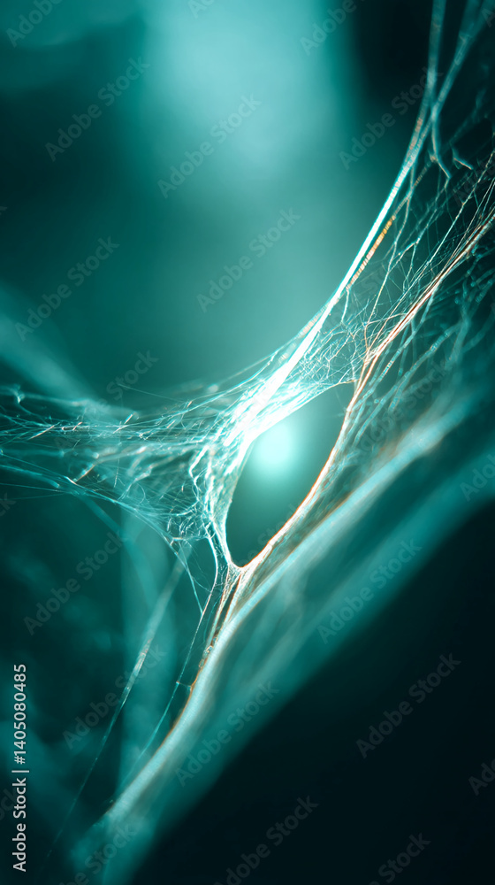 Poster close-up of a spiderweb, teal and translucent, with a blurred background, showcasing intricate textu