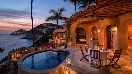 Fototapeta premium Luxurious cliffside villa with ocean views at sunset.