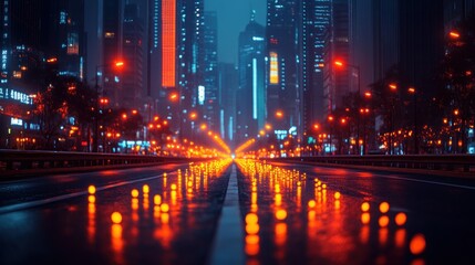 Obraz premium Neon City Nightscape: A Wet, Luminous Road Through Urban Metropolis