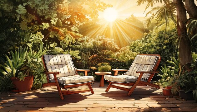 lounge chairs in a garden with lof of sun, illustration draw handmade