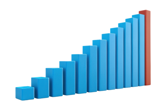 Growth trend depicted through blue bars with a contrasting red column indicating significant increase in data over time