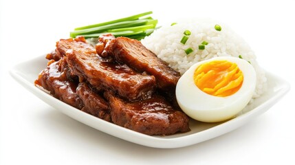 Delicious Glazed Pork Loin with Rice and Soft Boiled Egg Dish