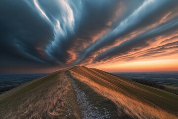Dramatic sunset over a hilltop path amidst a stormy sky.