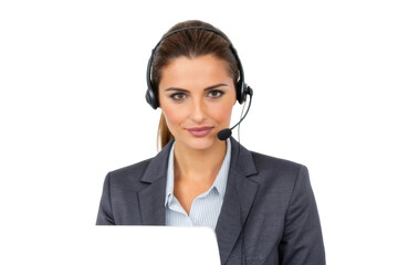 Professional female customer service representative engaged in virtual assistance with headset and laptop