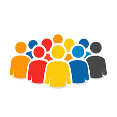 Simple colorful icon of a large group of people in various colors (orange, red, yellow, blue, dark blue, and gray). Represents community, crowd, diversity, and social gathering.