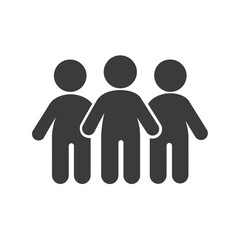Simple black silhouette icon of a group of three people standing with their arms slightly outstretched. Represents connection, community, greeting, and openness.