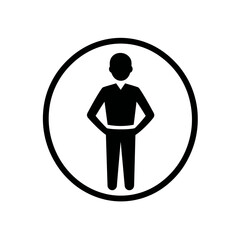 Simple black silhouette icon of a standing person with their hands on their hips, enclosed in a circle. Represents confidence, authority, and a user profile image.
