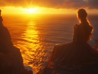 Golden sunset view of woman on cliff overlooking ocean.