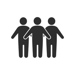 Simple black silhouette icon of a group of three people standing with their arms slightly outstretched. Represents connection, community, greeting, and openness.