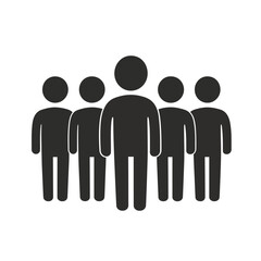 Simple black silhouette icon of a group of five people standing together, with one figure slightly in front. Represents teamwork, community, and social gathering.