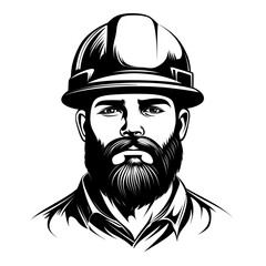 Monochrome portrait illustration of a serious-looking man with a beard wearing a hard hat. Represents construction, engineering, manual labor, and skilled trades.